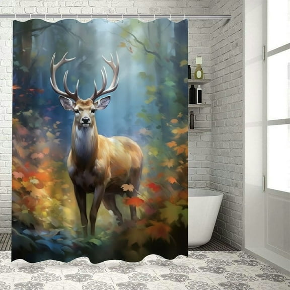 Creowell Deer Forest Flowers Modern Waterproof Shower Curtain for Country Cottage Farmhouse Bathroom Decor Polyester Fiber Bathroom Curtain with Hooks 36x72