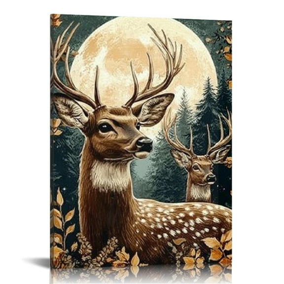 Creowell Deer Forest Moon Canvas Prints Wall Art Ready to Hang for Home Decor Living Room Bathroom Bedroom Office 12x16in