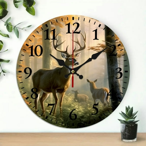 Creowell Deer Forest Nature Wall Clock 10 Inch Silent Mechanical Decor 10x10in