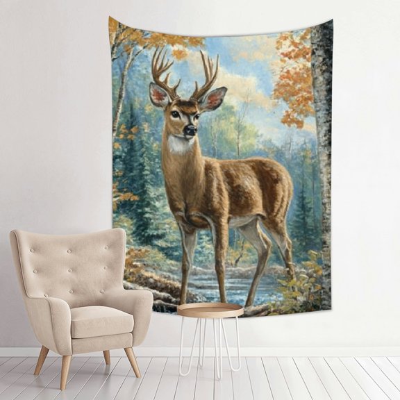 Creowell Deer Forest Stream Tapestry 100% Polyester Wall Art for Bedroom Living Room Dorm Decoration, Aesthetic Decorative Wall Hanging, Soft and Durable Fabric 30x40in