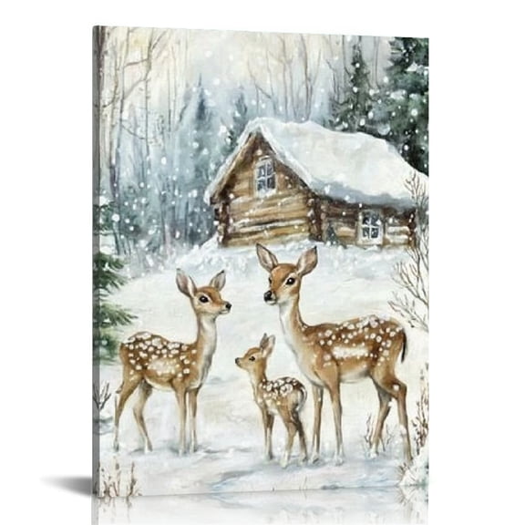 Creowell Deer Snow Cabin Wall Art Print On Canvas Home Decor Living Room Bathroom Bedroom Office 12x16/16x20 Inches 12x16in