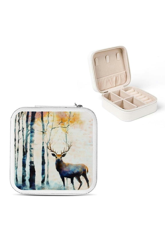 Deer Trees Watercolor Travel Jewelry Box for Bridesmaids White