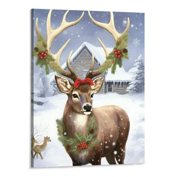 Creowell  Deer Wall Art Merry Christmas Canvas Wall Art the Pictures Print On Canvas Modern Artwork Wall Decoration for Home Living Room- 16x20in