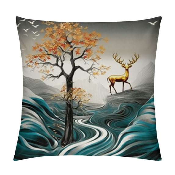 Creowell Deer Wave Birds Fashion Style Throw Pillow Covers Dirt-Resistant for Couch Sofa Bed Home Decor Pillowcase 1PC 22x22in