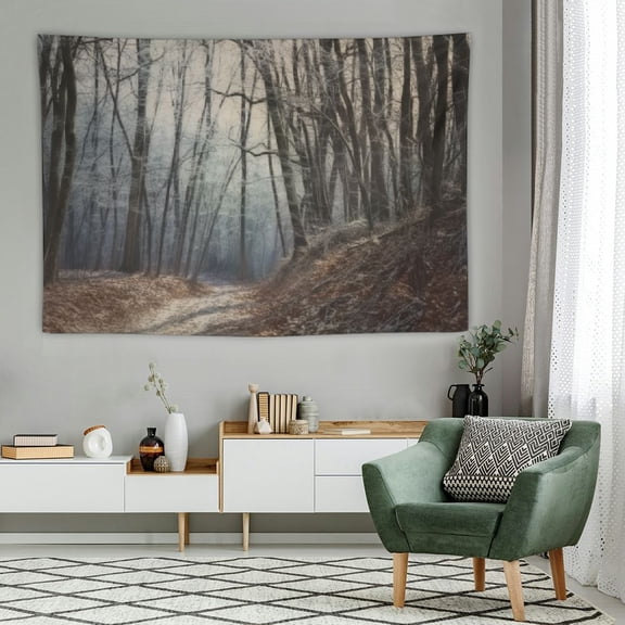 Creowell Designart 'Dense Gray Fall Forest Path' Landscape Photo Tapestry Blanket Dcor Wall Art for Home and Office 60x40 Inch 60x40in