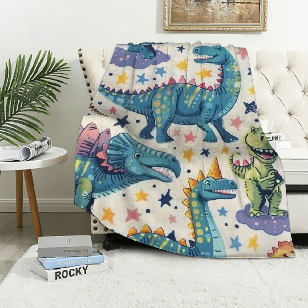 Creowell  Dinosaur Throw Blanket for Kids, Cozy Dinosaur Fuzzy Plush Blanket for Boys Gift, Soft Dinosaur Flannel Throw Blanket for Girls Children Teen Dino Fans White