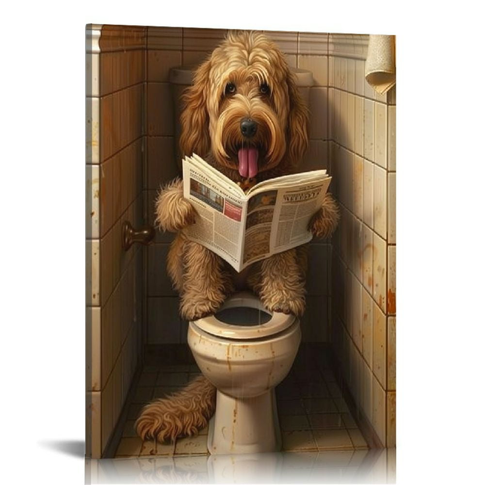 Creowell Dog Reading a Newspaper on Toilet Wall Decor, Dog Wall Art ...