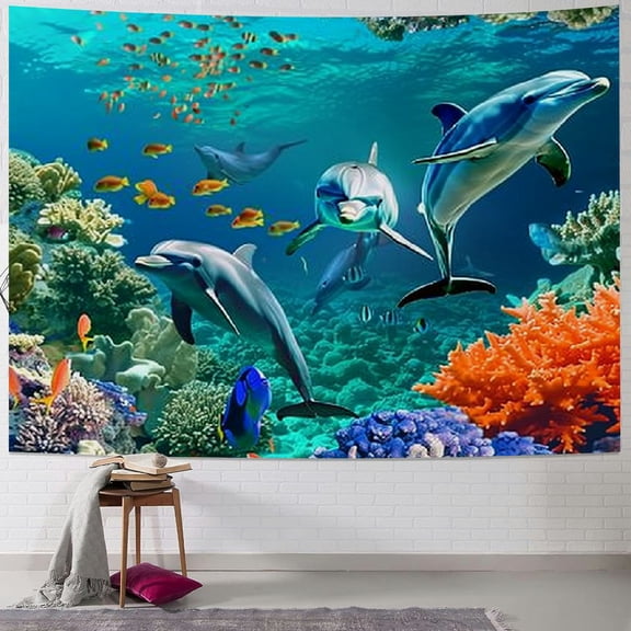 Creowell  Dolphin Tapestry Tropical Fish and Coral Reef in Cave under Deep Sea Wall Hanging Ocean Tapestries for Kids Bedroom Living Room Dorm Birthday Party Wall Decor 40x30inch