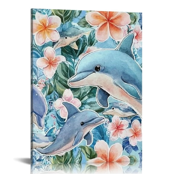 Creowell Dolphins Fish Flowers Wall Decor Canvas Print Art for Home Living Room Office, Perfect Gift Ideas for Wedding Christmas Birthday 12x16in