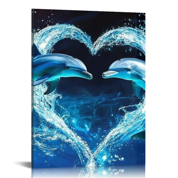 Creowell Dolphins Heart Shape Wall Decor Canvas Prints Home Art 12x16in