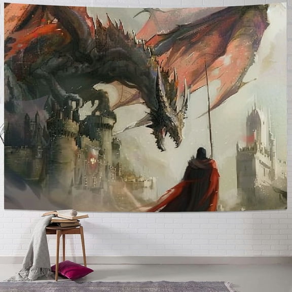 Creowell Dragon Tapestry, Medieval Fantasy and Dark Knights Scene Fortress Castle Image, Fabric Wall Hanging Decor for Bedroom Living Room Dorm, Coral Grey 60x50inch