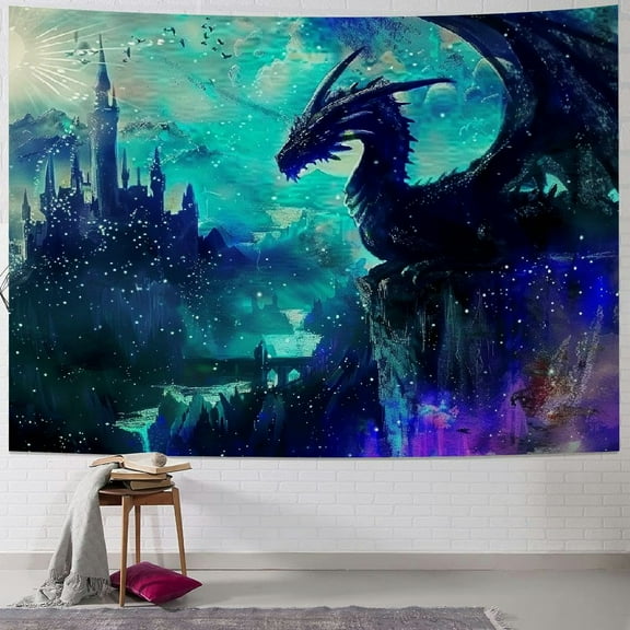 Creowell Dragon Tapestry, Medieval Fantasy World Fire Dragon Tapestry Wall Hanging,Dragon Poster, Dragon Wall Art, Psychedelic Gothic Trippy Dragon Wall Blanket for Living Room 60x50inch