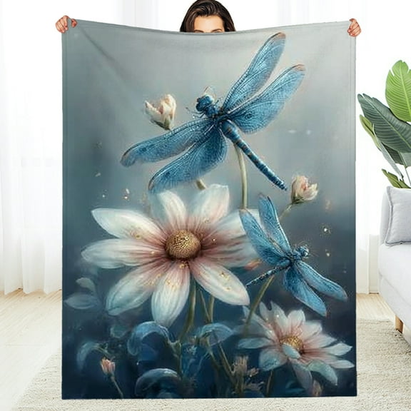 Creowell  Dragonfly Blanket Baby  Spring Floral Flowers Daisy Throw Blanket for Girls Women,Rustic Farmhouse Style Bed Blankets,Blue Daisy Dragonflies Fuzzy   Blankets 30*40in