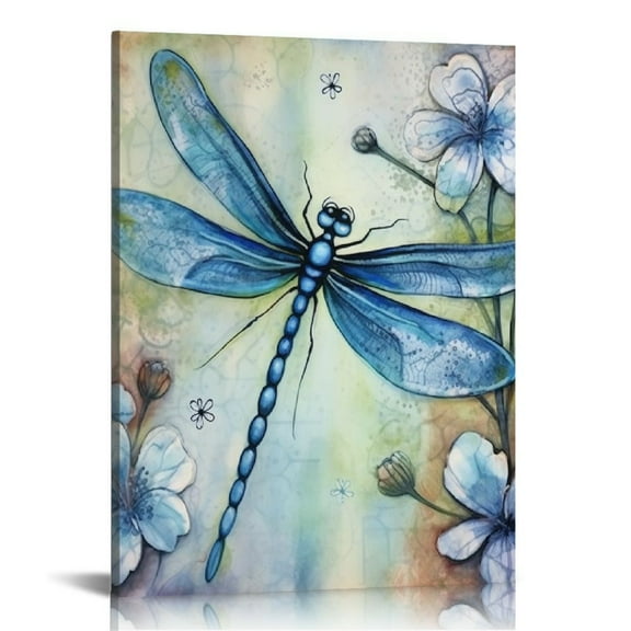 Creowell  Dragonfly Canvas Wall Art Teal Blue Flower Picture Print Insect Animal Painting Abstract Modern Home Wall Decor Framed Artwork for Office Bedroom Ready to Hang 16x20 in/12x16 in