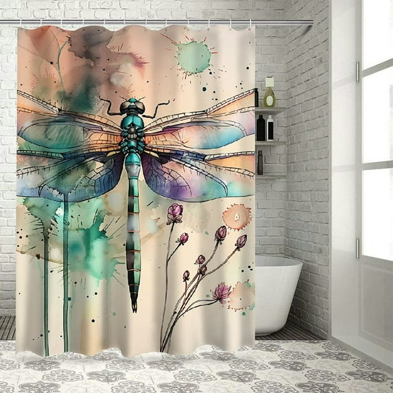 Creowell Dragonfly Flower Watercolor Printed Shower Curtain 100% Polyester Fiber Bathroom Decoration Washable Curtain with Hooks 69x72