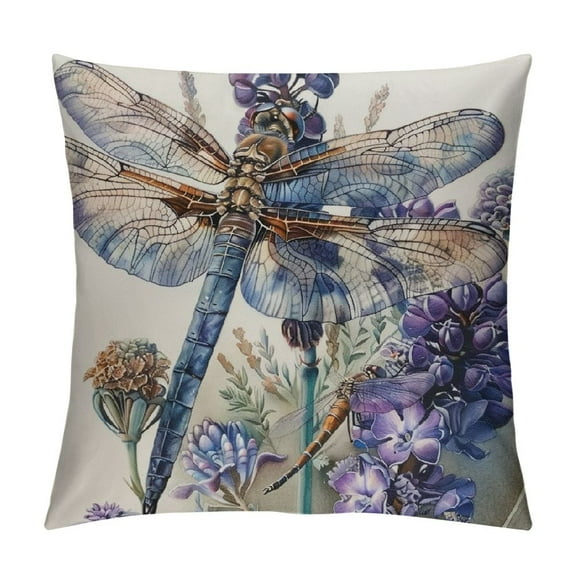 Creowell Dragonfly Throw Pillow Covers Lavender Flower Plants Classic Art Printed White Purple  Decor for Indoor Living Room Couch Bed Home Square with Zipper Cushion Cover  12x12in