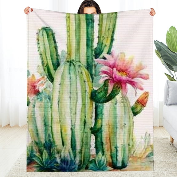 Creowell Durable Soft Flannel Blanket Cactus Pink Flower Lightweight 60*80in