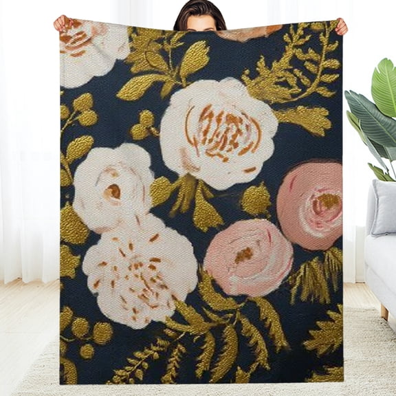 Creowell Durable Soft Flannel Blanket Flowered Fabric Gold Border 30*40in