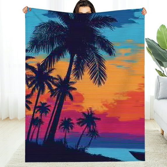 Creowell Durable Soft Flannel Blanket Sunset Palm Trees Boat Design 30*40in