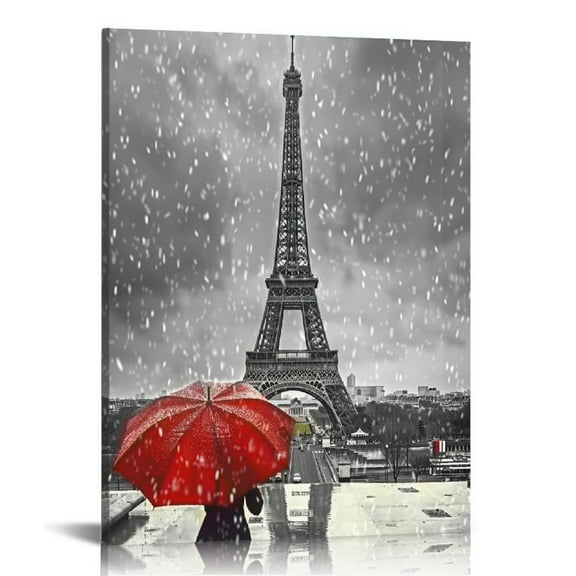 Creowell  Eiffel Tower Painting Wall Art: Paris Cityscape Artwork Red Umbrella Picture Print on Canvas for Bedroom (16x20 in/12x16 in,Multi-Sized)