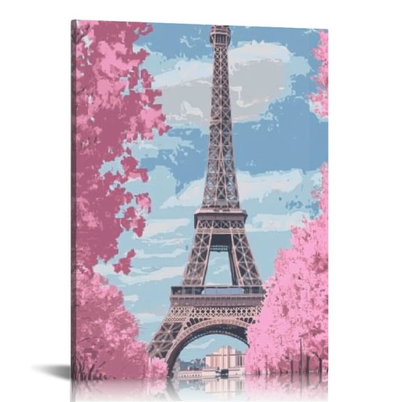 Creowell Eiffel Tower Pink Trees Canvas Print Wall Art Modern Home Decor Living Room Bathroom Bedroom Office 12x16in