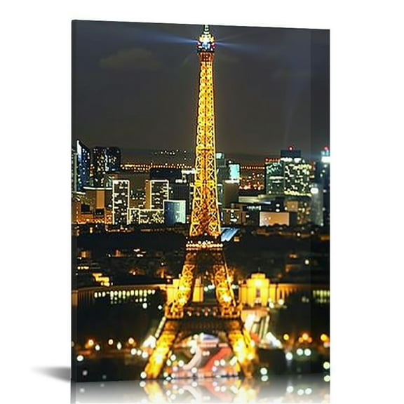 Creowell  Eiffel Tower Wall Art Canvas Paris at Night Picture France Skyline Wall Decor for Office Home Living Room Dining Room Framed Ready to Hang 16x20 in/12x16 in