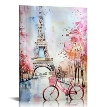 Creowell Eiffel Tower Wall Art Pink Abstract Paris Painting Pink Paris Theme Pictures Wall Decor for Girls Room Decor Framed (Pink, 16x20 in/12x16 in)