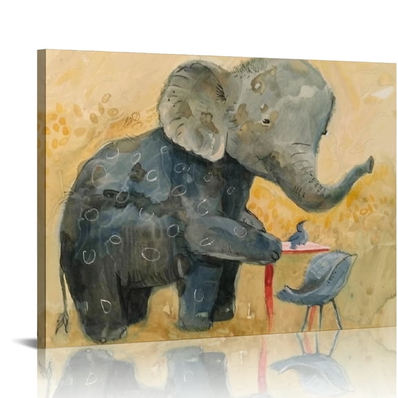 Creowell Elephant Baby Elephant Bird Wall Decor Canvas Print Art 20x16in
