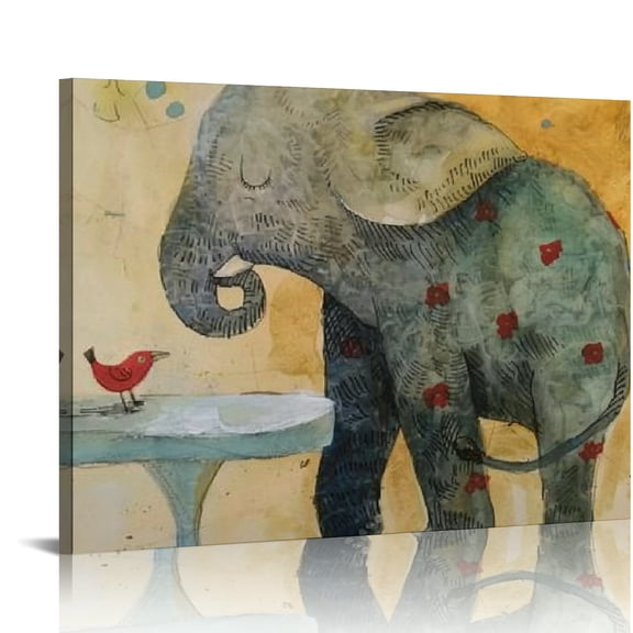 Creowell Elephant Bird Whimsical Canvas Wall Art Ready To Hang Decor 16x12in