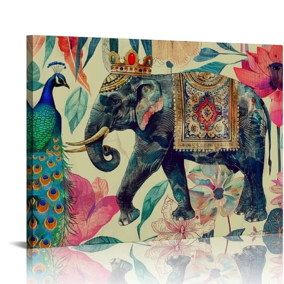 Creowell Elephant Crown Peacock Wall Decor Canvas Art Ready To Hang 16x12in