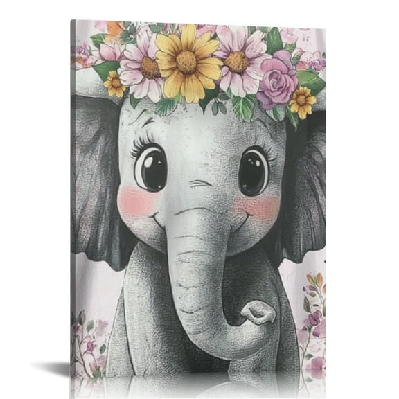 Creowell Elephant Flower Crown Art Print On Canvas Wall Decor for Home Living Room Bedroom Office, Stylish Kitchen Wall Pictures Bathroom Decor 12x16in