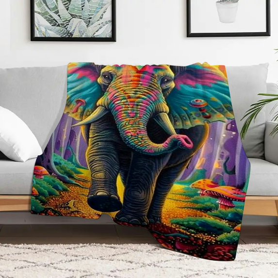 Creowell Elephant Forest Mushrooms Flannel Blankets for Couch Bed Sofa, Warm Cozy Decorative Blanket Gift, Multi-purpose Gift Blanket For All Season 50x60in