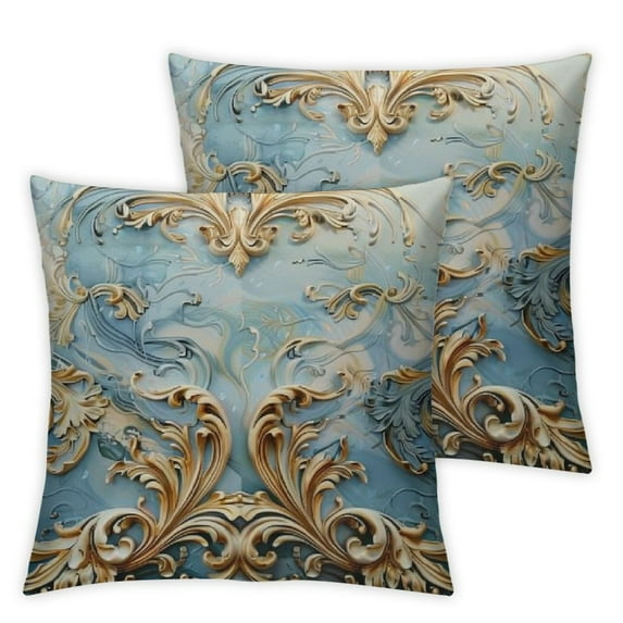 Creowell Euro Set of 2 Throw Pillow Covers for Living Room Couch Bed, Navy Blue and White Patchwork with Gold Leather, Luxury Modern Home Decor, Accent Cushion Case White