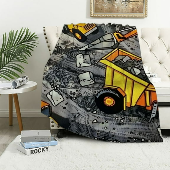Creowell  Excavator Flannel Blanket Equipment Truck Blanket for Kids Boys Teens Children Cartoon Construction Tractor Throw Blanket Vehicle Bed Blanket, Kids Car Theme Room Baby,Grey White