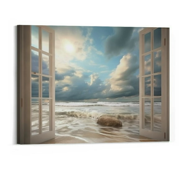 Creowell  Fake Window Canvas Wall Art: Open Window View Rocky Beach with Distant Sunset Prints Artwork for Office (20x16 Inch)