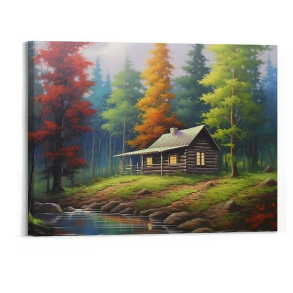 Creowell  Fall Canvas Prints Wall Art - A Cabin In A Wilderness Picture - Landscape Picture Panoramic Artwork - for Living Room Office Decoration Scenery Artwork (20x16 Inch)