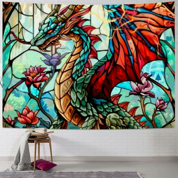 Creowell  Fantasy Dragon Tapestry Stained Glass Window Wall Tapestry Large Size Forest Plant Floral Medieval Animals Dragon Tapestry for Bedroom Dorm Home Decor 40x30inch