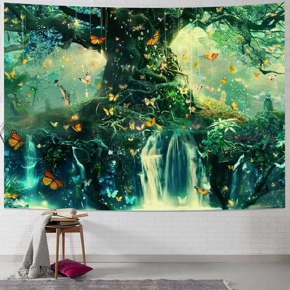 Creowell  Fantasy Forest Tapestry Green Fairy Magical Tree of Life Tapestries for Bedroom Nature Plant Tapastry Wall Hanging Mushroom Butterfly Elves Wall Tapestry for Living Room 40x30inch