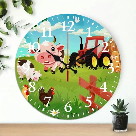 Creowell Farm Animals Tractor Chicken Cow Wooden Wall Clock 10 Inch 10x10in