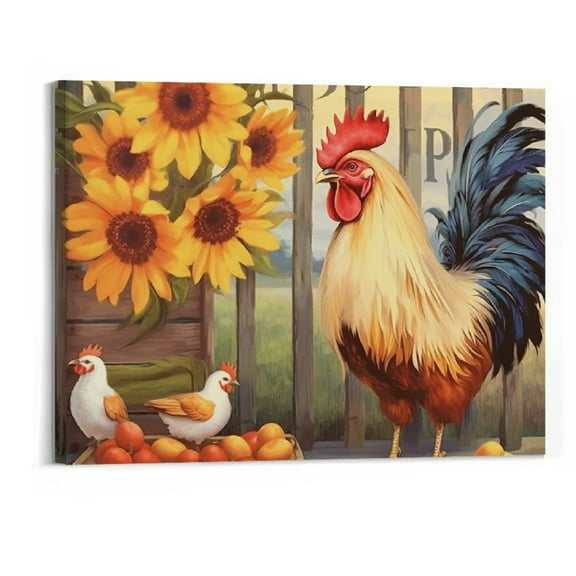 Creowell Farmhouse Chicken Wall Art Rooster Sunflowers Pictures Kitchen Decor Motivational Quotes Canvas Painting Rustic Country Flowers Poster Framed Artwork for Kitchen Living Room 20x16 Inch