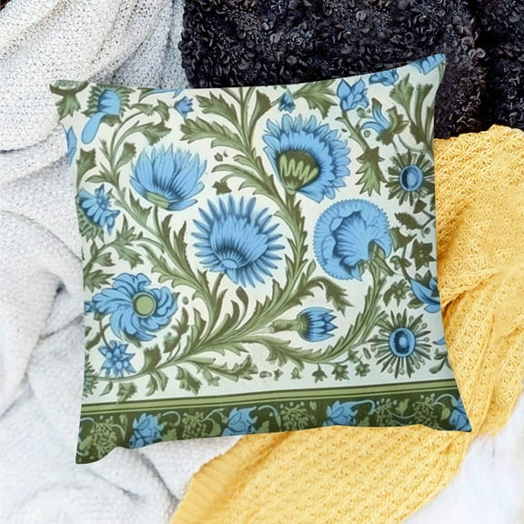Creowell Farmhouse Decor Blue Flowers Green Leaves Floral Design Pillow Cushion Case for Home Sofa Couch 18x18in