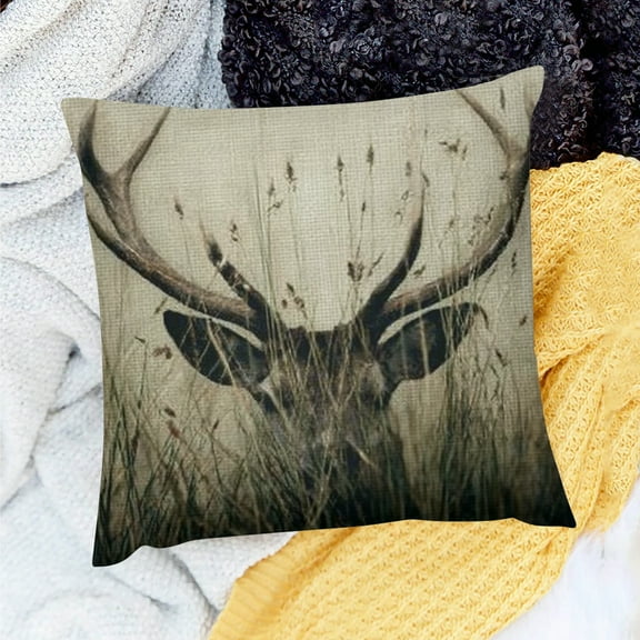 Creowell Farmhouse Decor Deer Antlers Grass Pillow Cover 100% Linen 18x18in