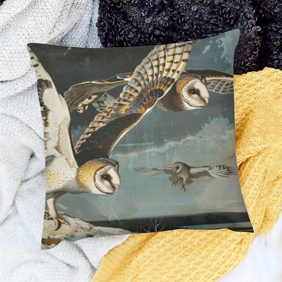 Creowell Farmhouse Decor Owls Flying Water Pillow Cover 100% Linen 18x18in