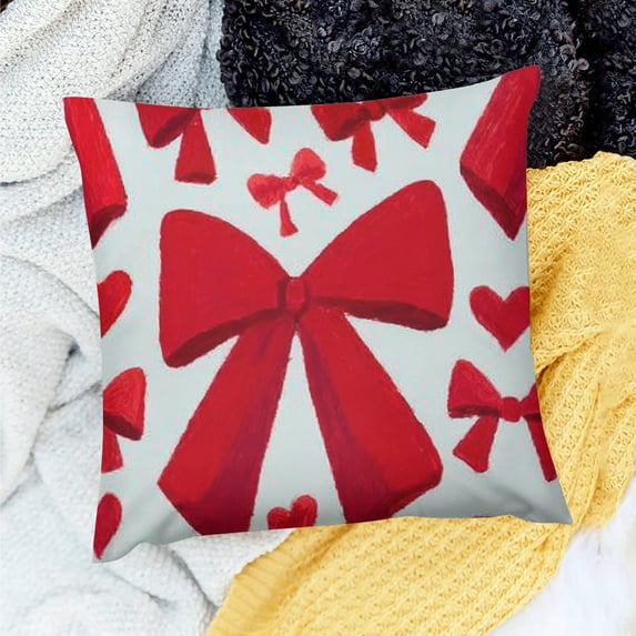 Creowell Farmhouse Decor Red Bow Hearts Indoor Pillow Cover 100% Linen 24x24in