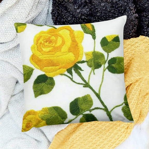 Creowell Farmhouse Decor Yellow Rose Green Leaves Pillow Case 18x18in