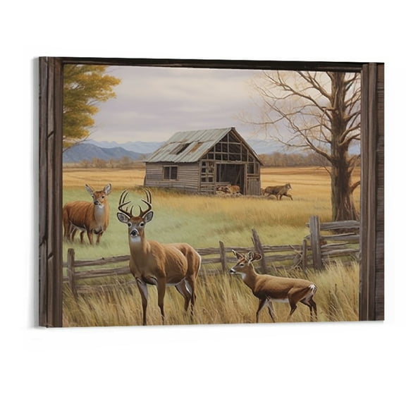 Creowell Farmhouse Deer Canvas Wall Art Country Wildlife Elk Rustic Old Barn Truck Wall Decor Vintage Deer Painting Picture Prints Framed Modern Artwork for Home Living Room Bedroom Bathroom 20x16in