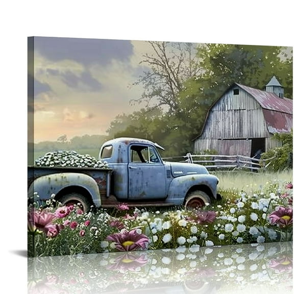 Creowell Farmhouse Old Truck Canvas Wall Art, Old Barn Pictures Wall Art, Country Antique Pickup Truck Canvas Prints 20x16in