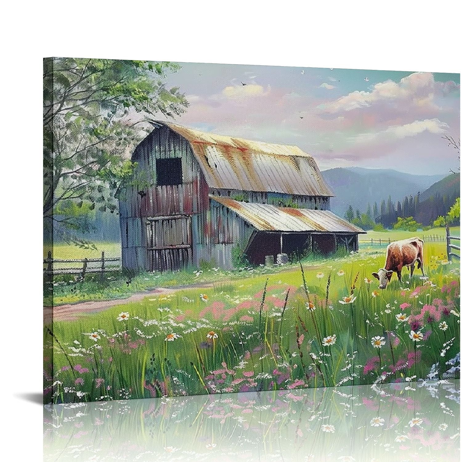 YCPRIMER Vintage Farmhouse Painting Canvas Print - Rustic Wildflower Meadow Landscape, 70x31 Inch, For Living Room/Bedroom - View #9