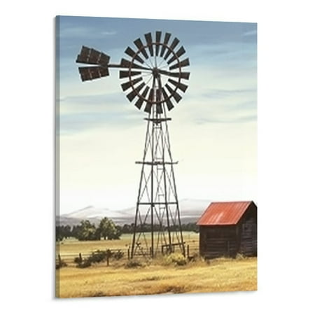 Creowell Farmhouse Picture Wall Art Framed: Rustic Country Barn Windmill Print Farm Landscape Artwork Decor Western Highland Cow Painting for Bedroom Living Room (16x20in)