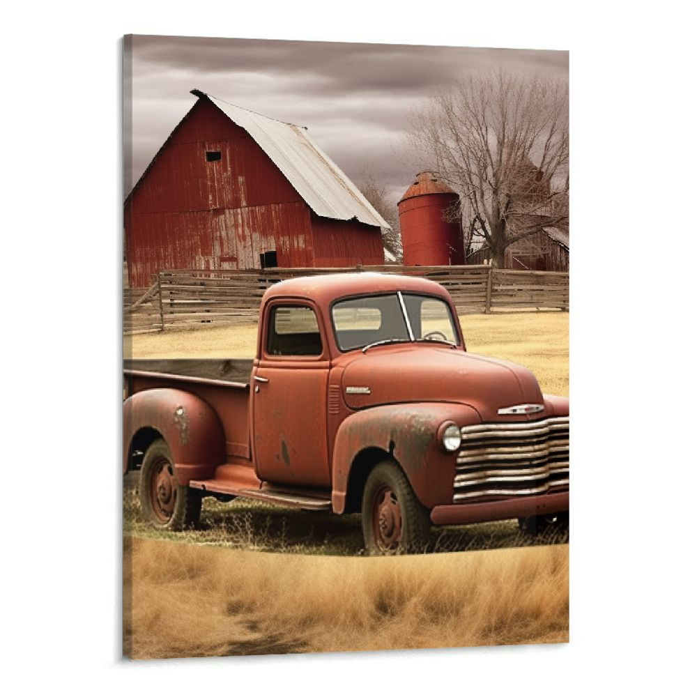 Creowell Farmhouse Truck Wall Art Rustic Old Barn Windmill Picture ...